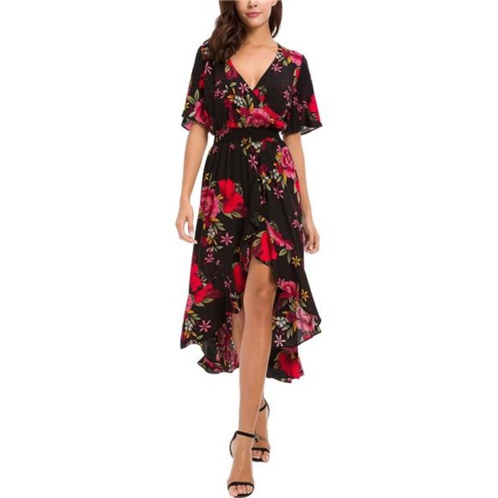 Black Floral Print High Low V-Neck Flowy A-Line Short Sleeve‎ Long Midi Dress - Picture 4 of 6